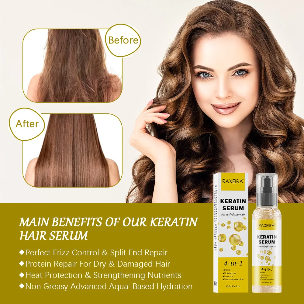 Private Label Keratin Hair Serum Hair Product 120ml Organic Vitamin E Hydrolized Keratin Coconut Oil 4-IN-1 Hair Care Essence