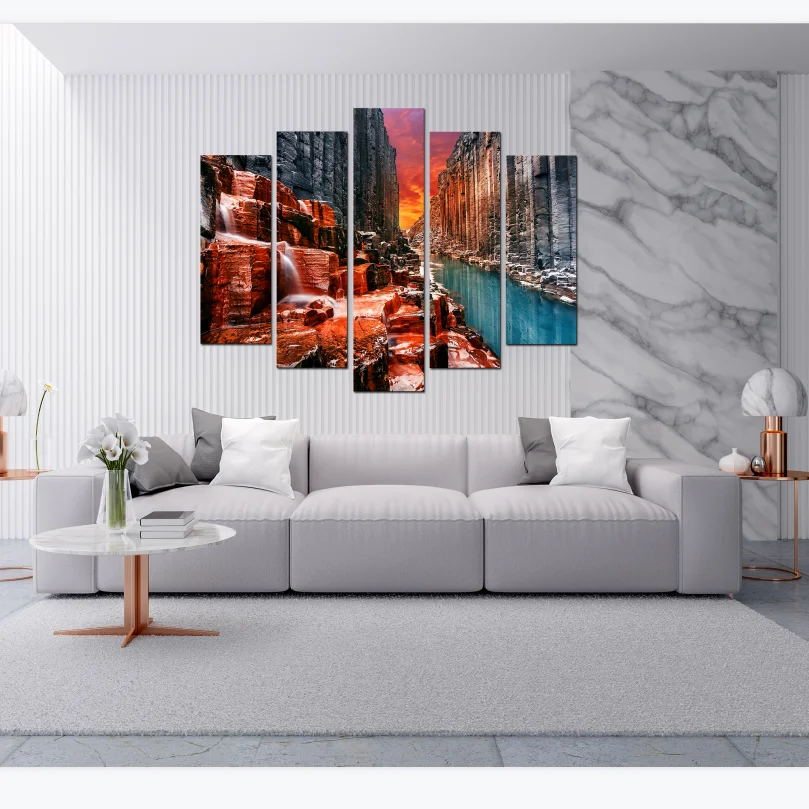 5 panels Mountain and waterfall  landscape  Oil Painting  beautiful landscape Art sets  Painting Canvas for Wall art