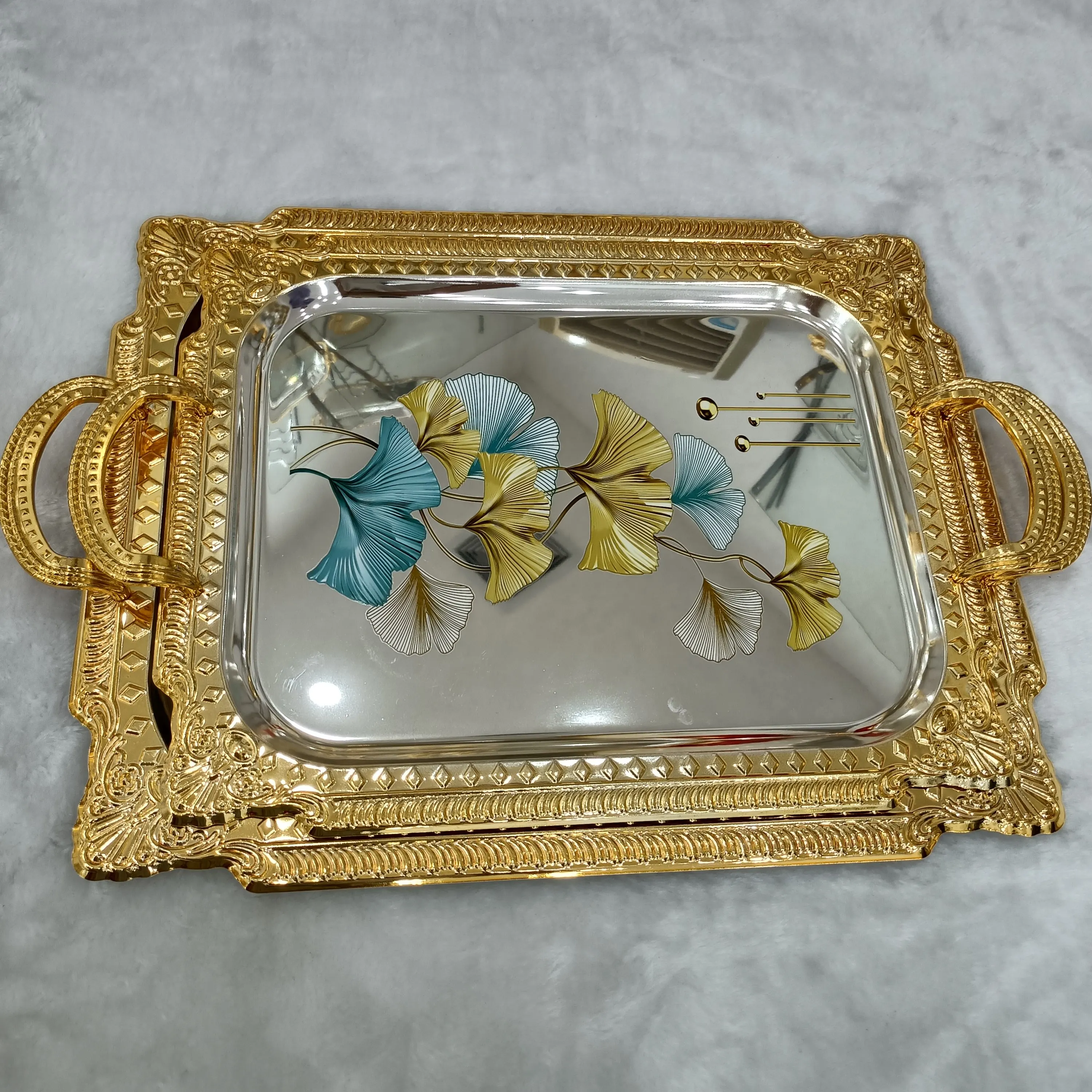 Dubai Mirror Gold Large Oval Tray Stainless Steel No Rust Plate Home Decor Trays Coffee Tea Serving Dish With Metal Handle