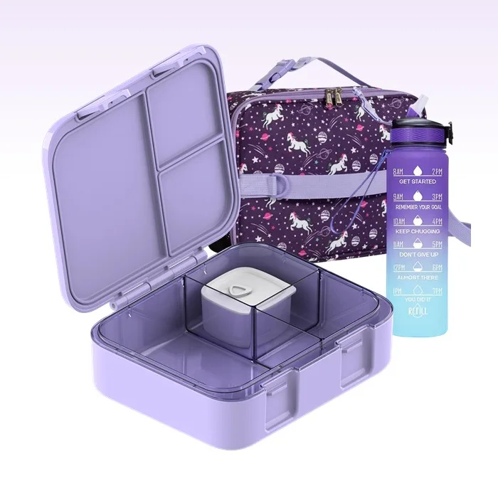 2024 New Design 3 Compartments Silicone Seal Food Container bento box with bag Tritan kids lunch box set for school children