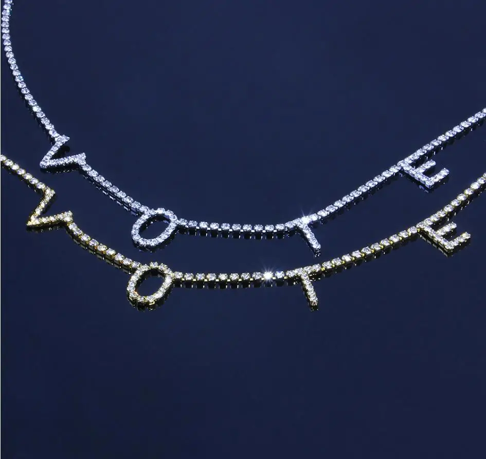 
Custom personality Gold Letter Pendant Crystal Rhinestone Initial vote necklace 