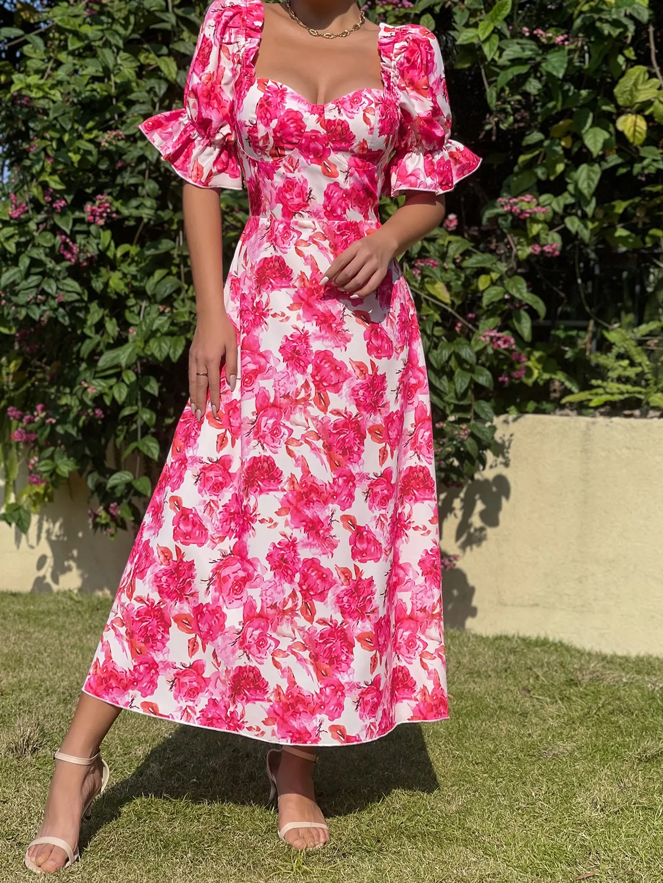 Manufacturer Customized Summer Elegant Lace Up Floral Print Sweet Heart Neck Flounce Sleeve Maxi Dress