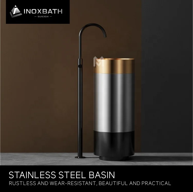 Luxury Floor Standing Stainless Steel Public PVD rose gold round hand wash basin sink with pedestal Hotel bathroom sinks