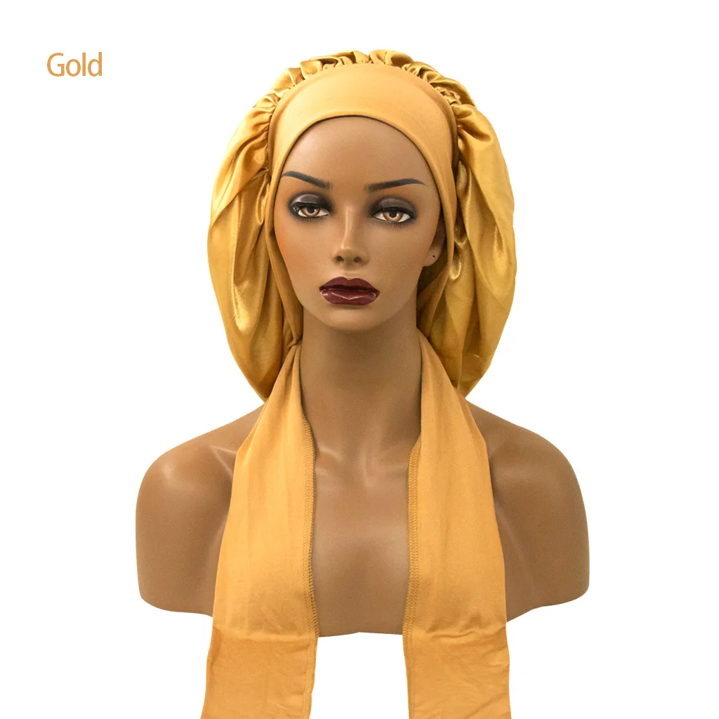 New High Quality Deluxe Designer Personalized Double Layer Ombre Tighten String Satin New Ladies Feather Print Long Bonnets