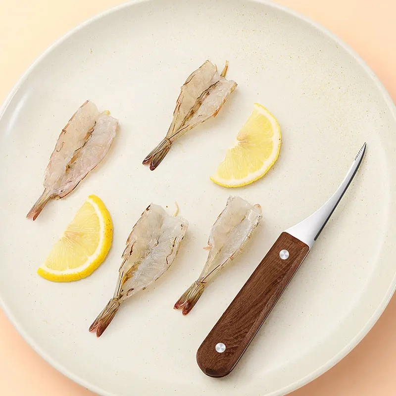 Easy to clean family multi-purpose kitchen stainless steel shrimp knife with red wooden handle