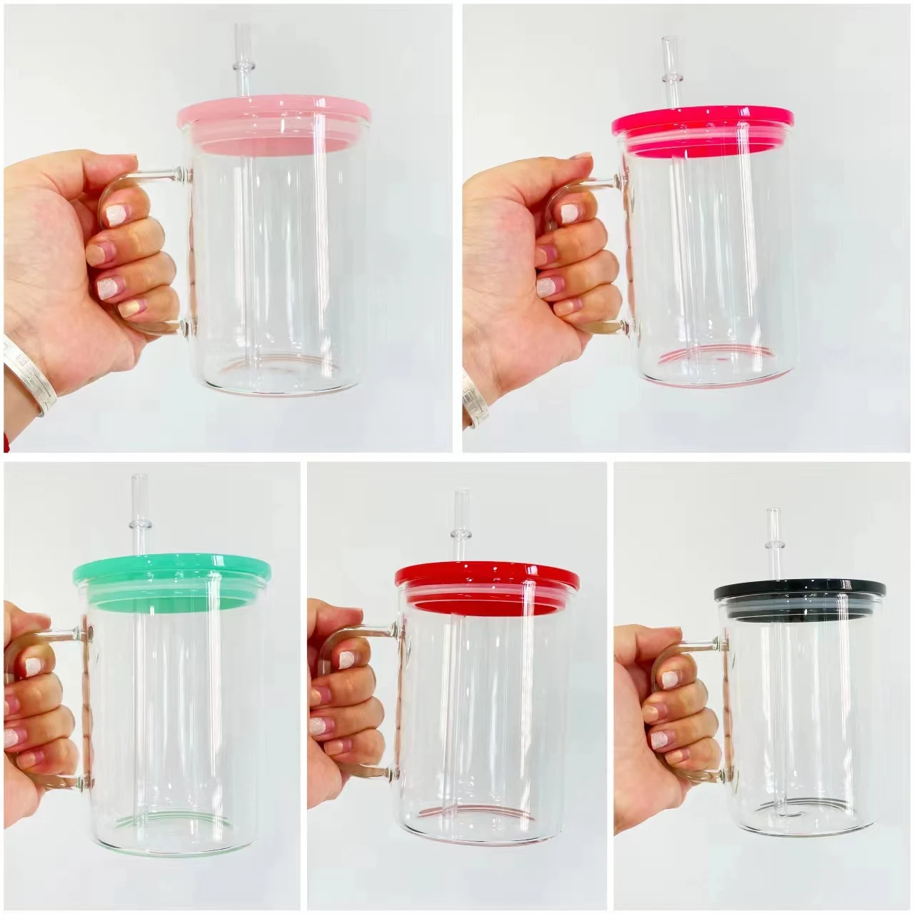 New 17oz blank sublimation crystal clear frosted jelly Mixed colors DIY glass coffee mugs with colorful plastic lids For  DIY