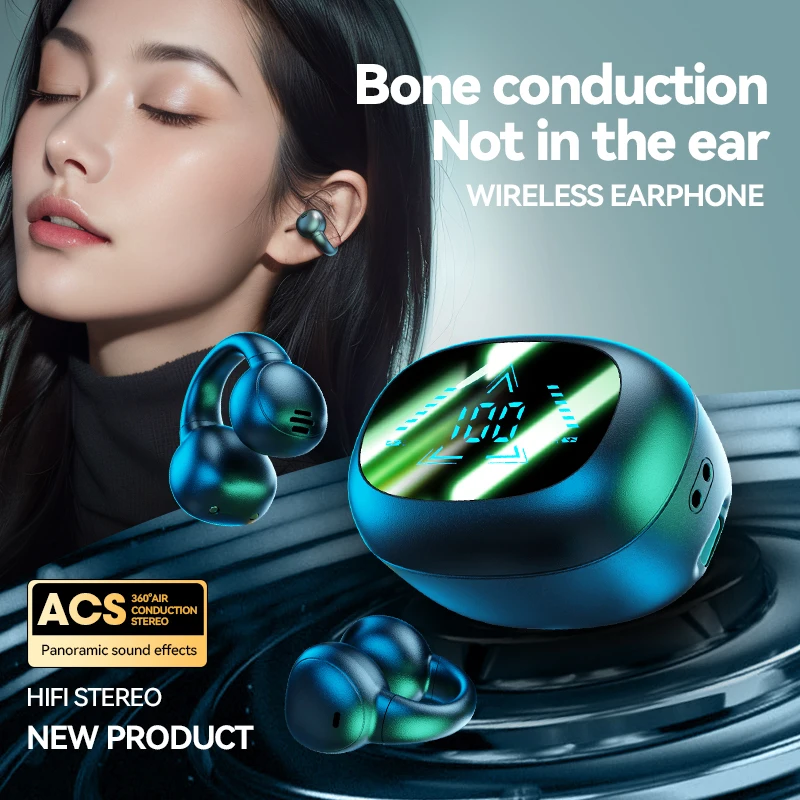 2024 new M61ear clip digital display wireless bone conduction cancelling battery Ear-clip headphones