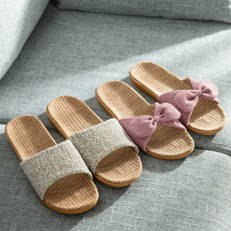 Bowknot Sandal Cotton Flax Summer Ladies Girls Slippers Brown Home Outdoor Non-Slip Cool Beach Holiday Slippers