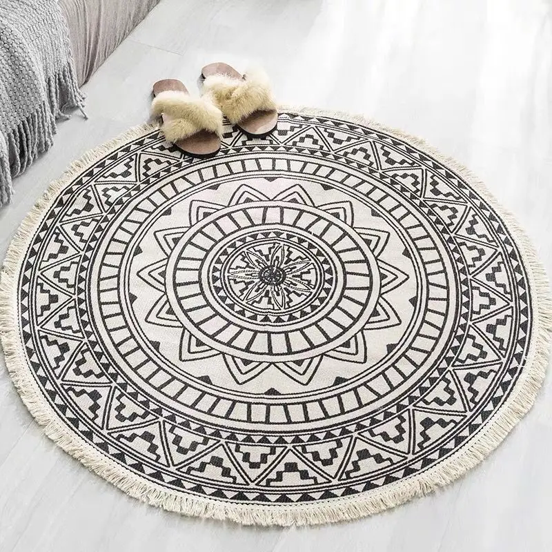 Nordic INS Round Area Rug For Bedroom Ethnic Style Bohemia Woven Cotton Linen Rug Carpet Knitting Floor Mat 90cm 120cm 150cm