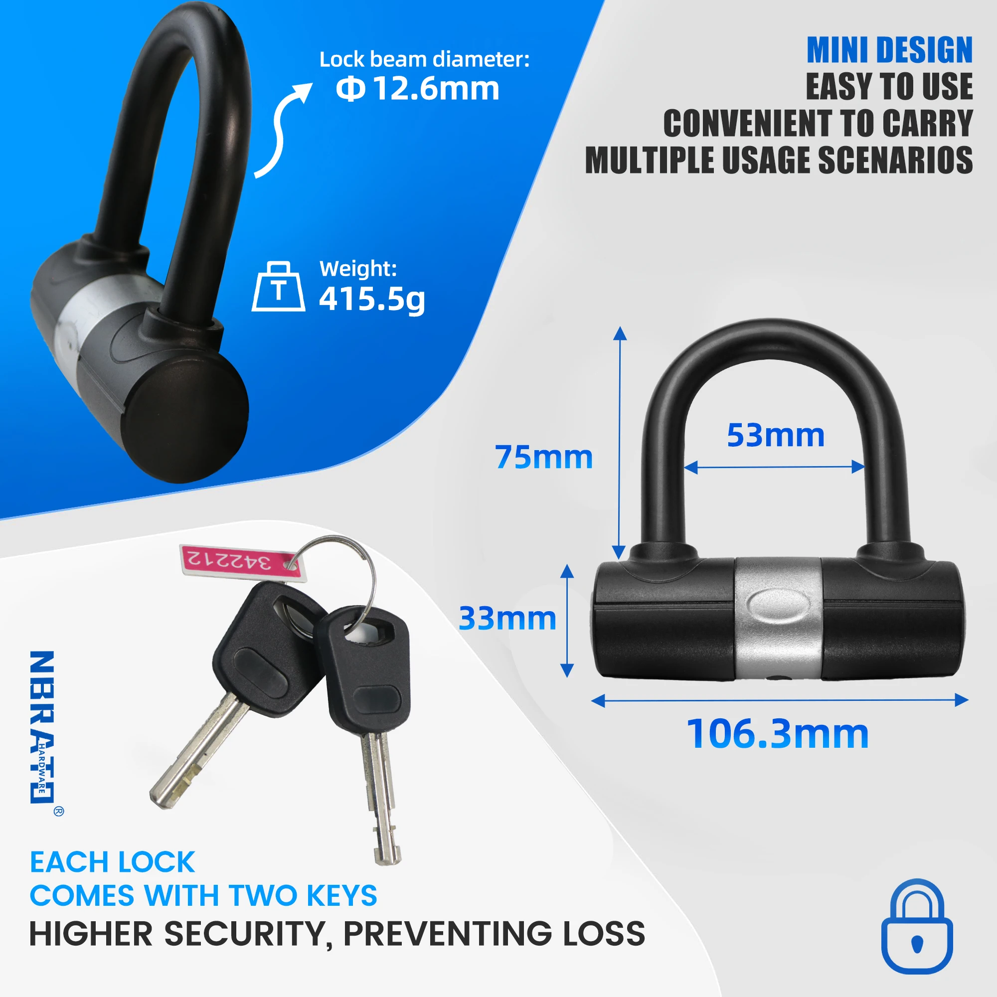 door gate padlock MINI u-lockhot sale 2 key small kid mini U type bike lock