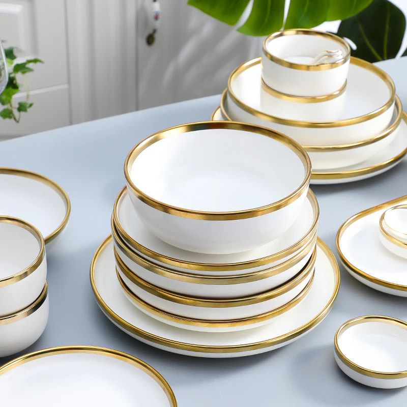 Hot Selling High Quality Ceramic Dinner Set With Gold Rim White Porcelain Plates Bowl Saucer Tableware For Restaurant Hotel