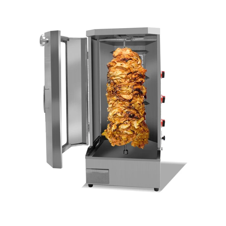 Gas fired shawarma machine 3 burner shawarma chicken rotisserie with door