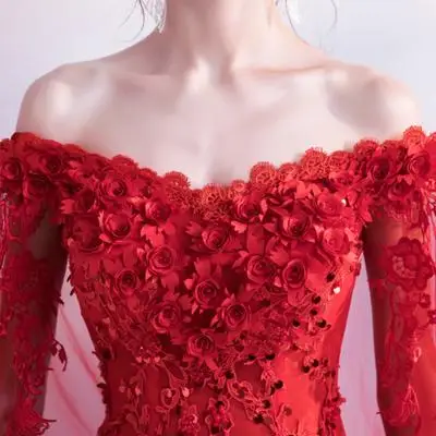 Bride Married Banquet Red Evening Dress Boat Neck Cape Lace Flower Long Prom Party Formal Gown