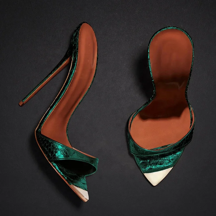 Wholesale Sexy customized logo 12CM high stiletto heel shiny metal snake PU luxury pointed toe slipper sandals shoes