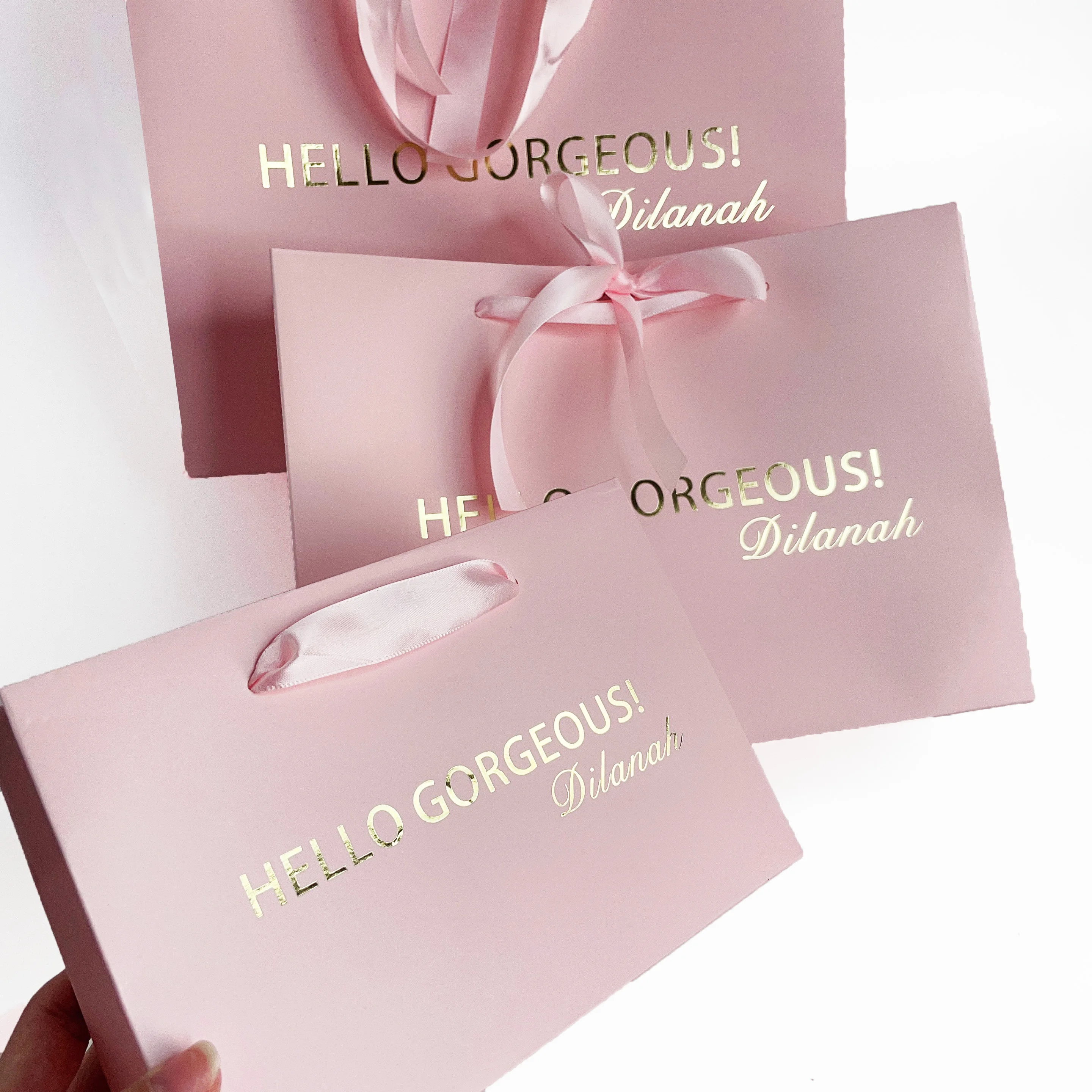 Роскошный розовый бумажный пакет с логотипом на заказ упаковка для ювелирных изделий париков одежды платьев свадебных подарков сумки покупок бантом