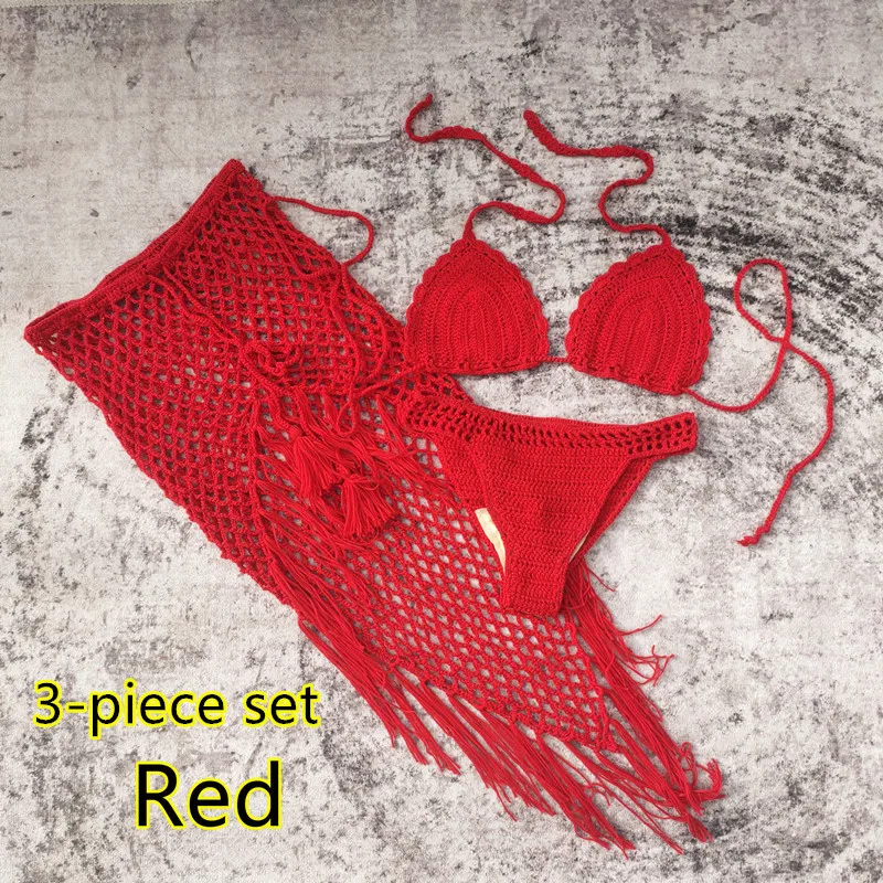 summer fashion sexy beach swimwear sexy see through knitted handmade crochet 3 piece bikini set women