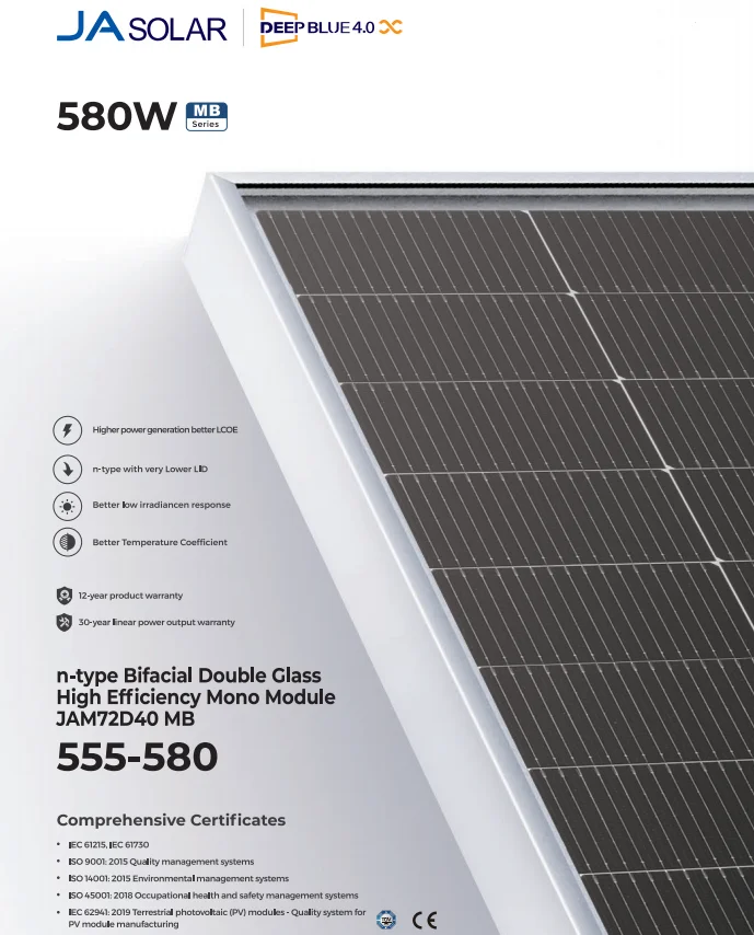 JA N Type Bifacial Double Glass Solar Panels 144pcs Half Cell 570w 580w 590w 600w 625w