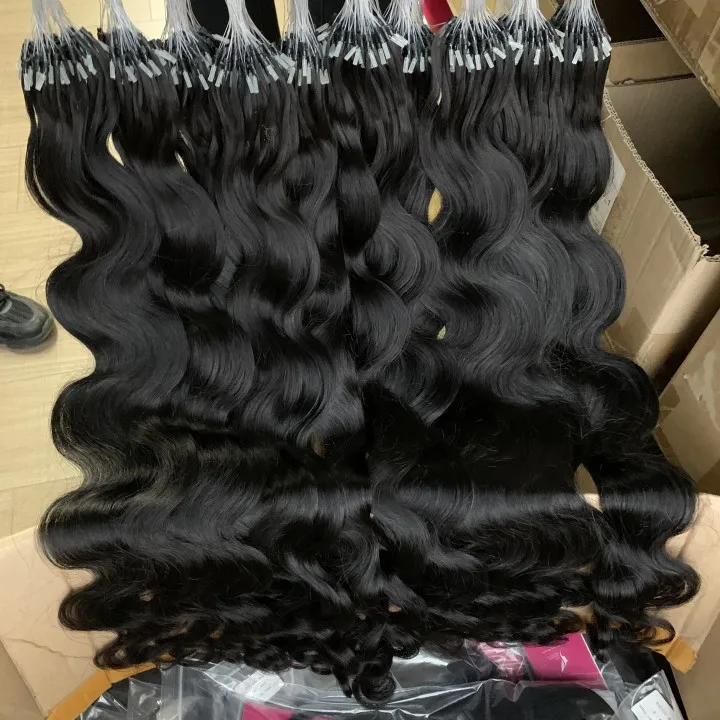 Raw Indian Body Wave micro loop human hair extensions natural wave loose curly micro loop ring hair extensions