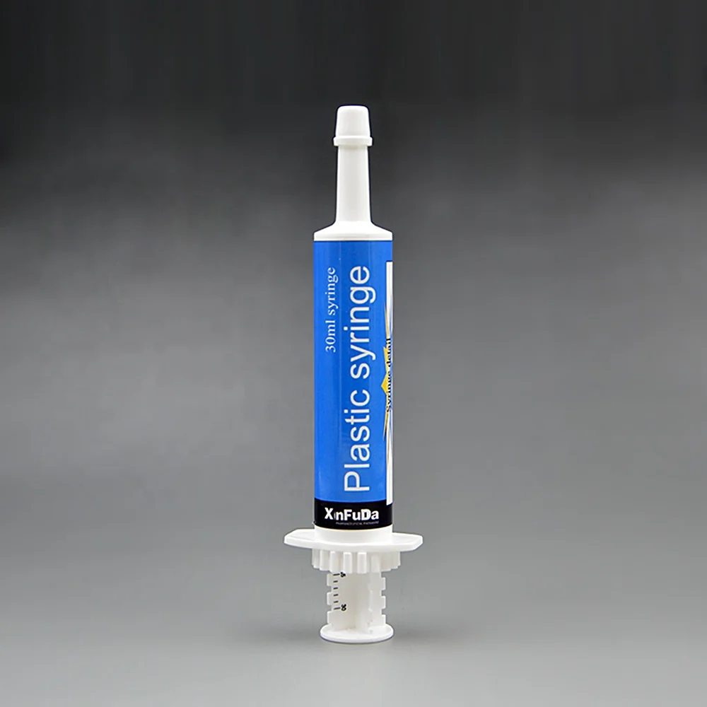custom color white plastic disposable 30ml dosage horse medicine packaging syringe bottle with sealing cap from china supplier