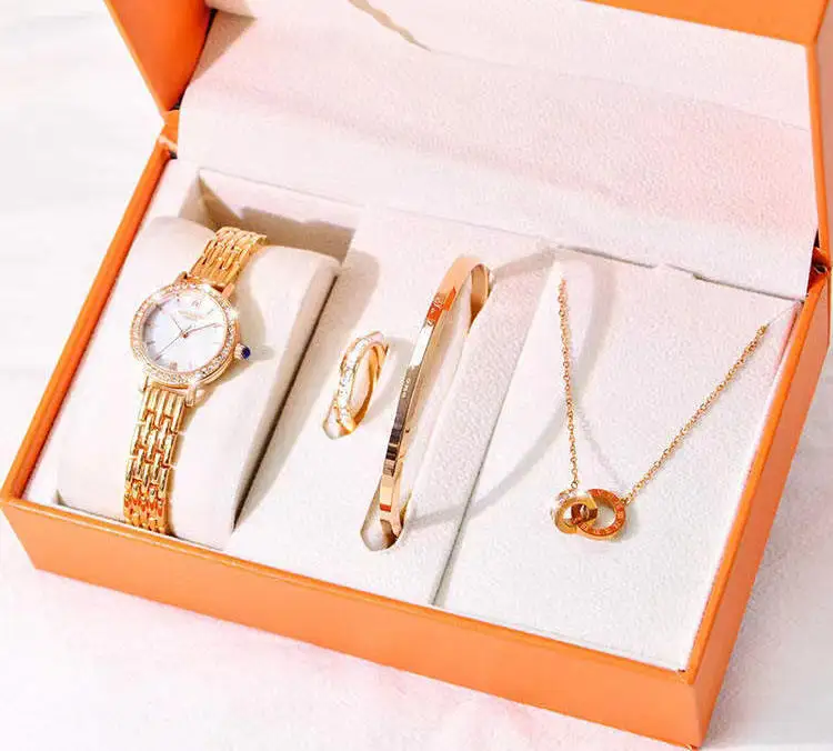 Luxury 4 PCS Jewelry Gift Set Gold Ladies Watch Sets Necklace Bracelet Watch Set Women