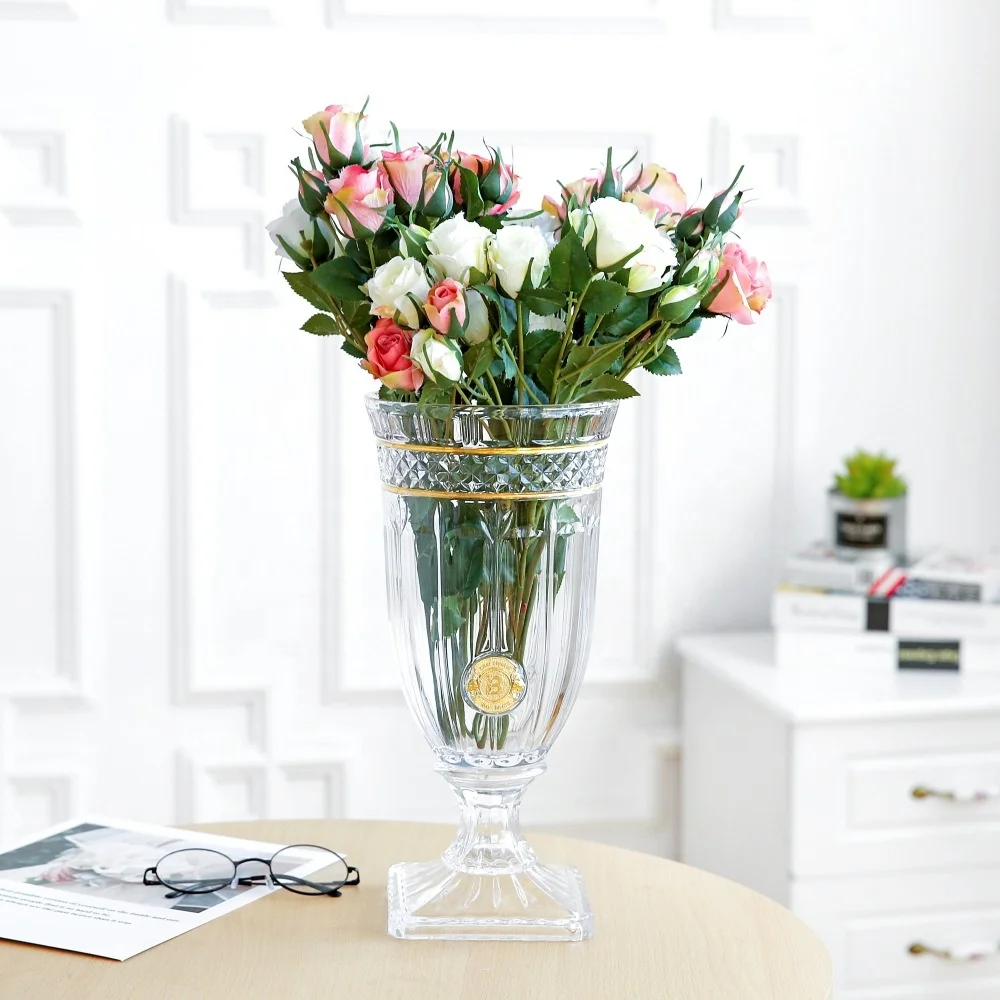 luxurious footed home decor crystal glass vase with gold lines for home hotel table flower arrangement