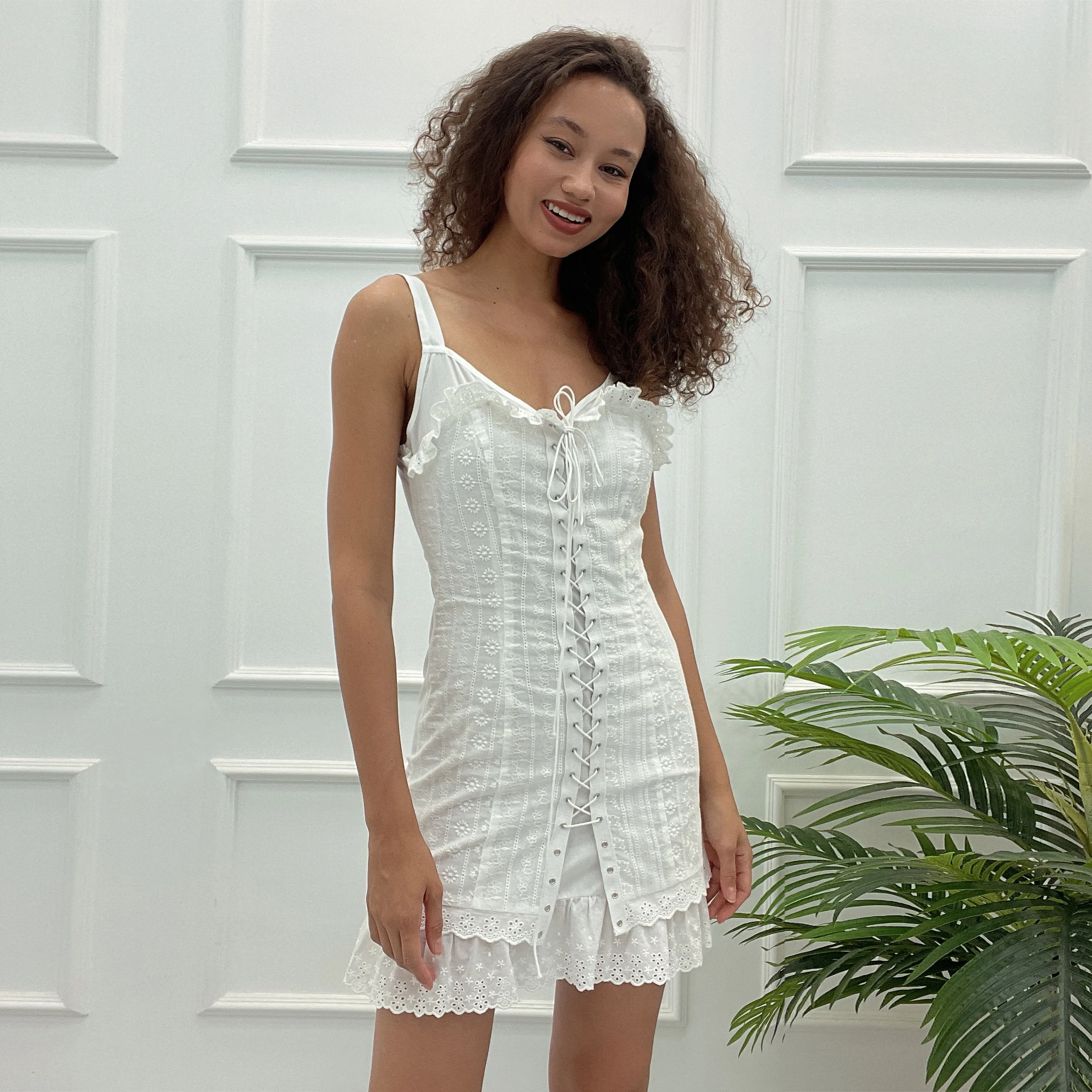 One piece spring summer Sling lady print eyehole frock women sleeveless mini elegant cotton chiffon casual dress