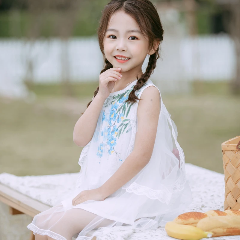 
Elegance Flower Print Mesh Overlay Cold Shoulder Smocked Dress for Girls 