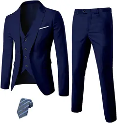Mens 3 Piece Slim Fit Suit Set, One Button Solid Jacket Vest Pants with Tie