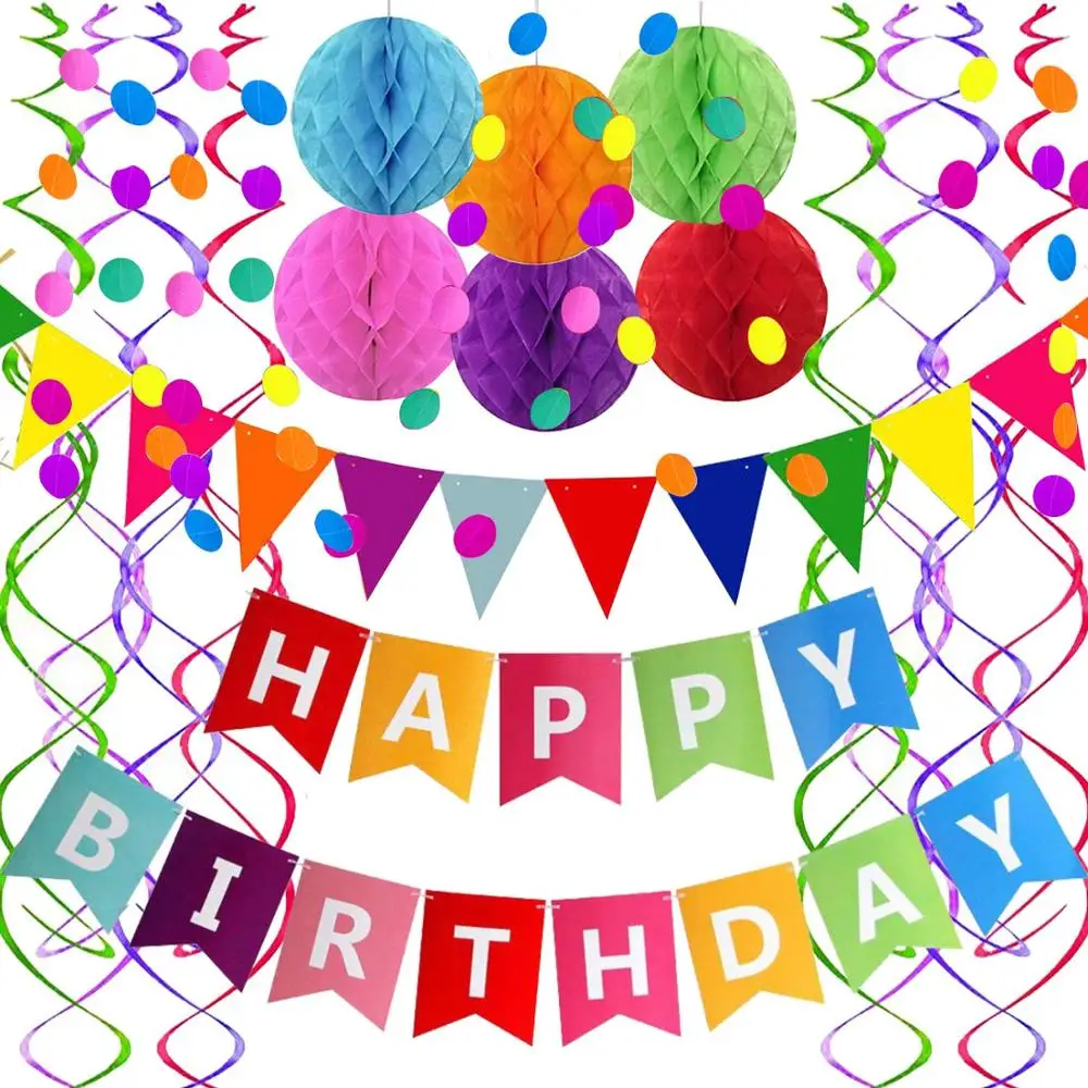 Happy Birthday Banner with Colorful Paper Flag Bunting Paper Circle Confetti Garland Swirl Colorful Happy Birthday Decorations