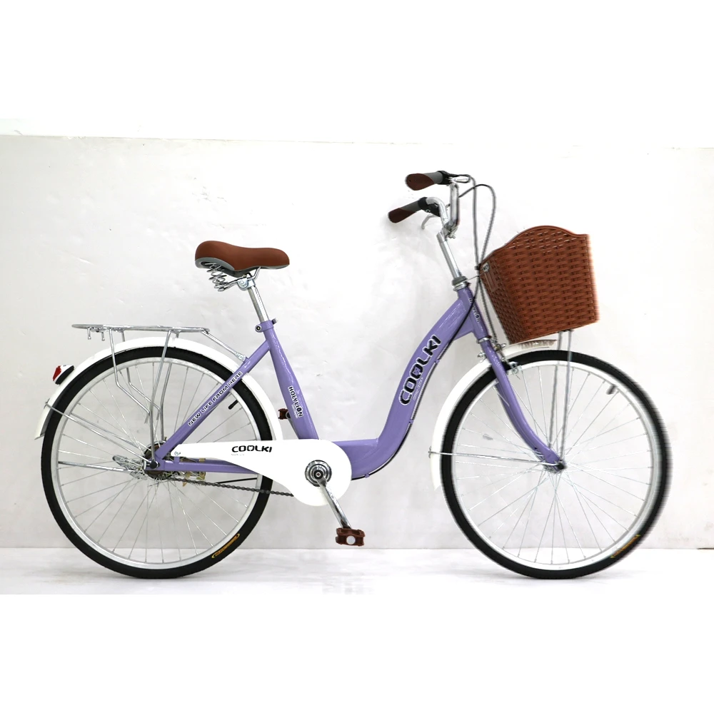 female bicycle online store purple 1speed 26inch spoked wheels carrier basket adult women City bike