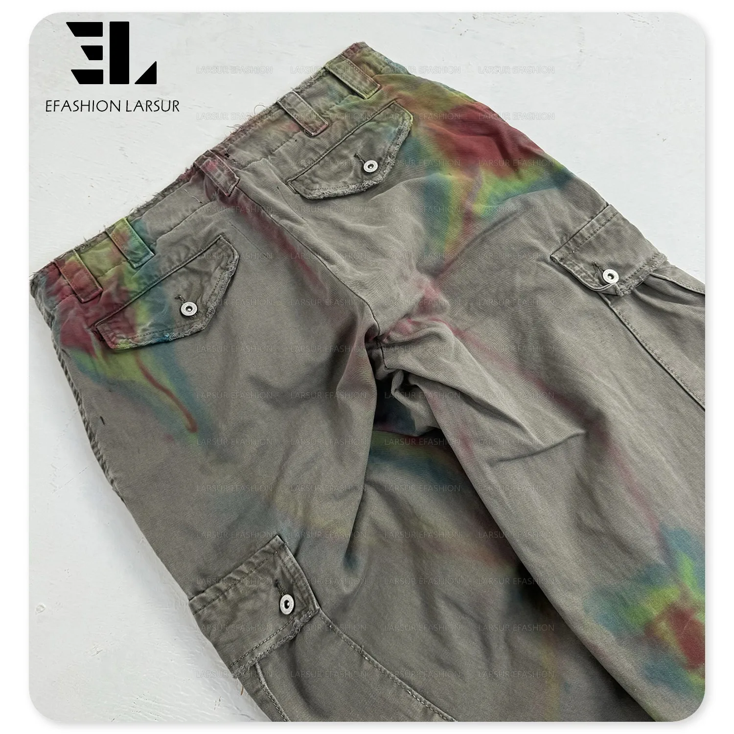 LARSUR Custom factory distress wash rainbow dye canvas cotton twill denim cargo pants slim straight leg cargo flare jeans men