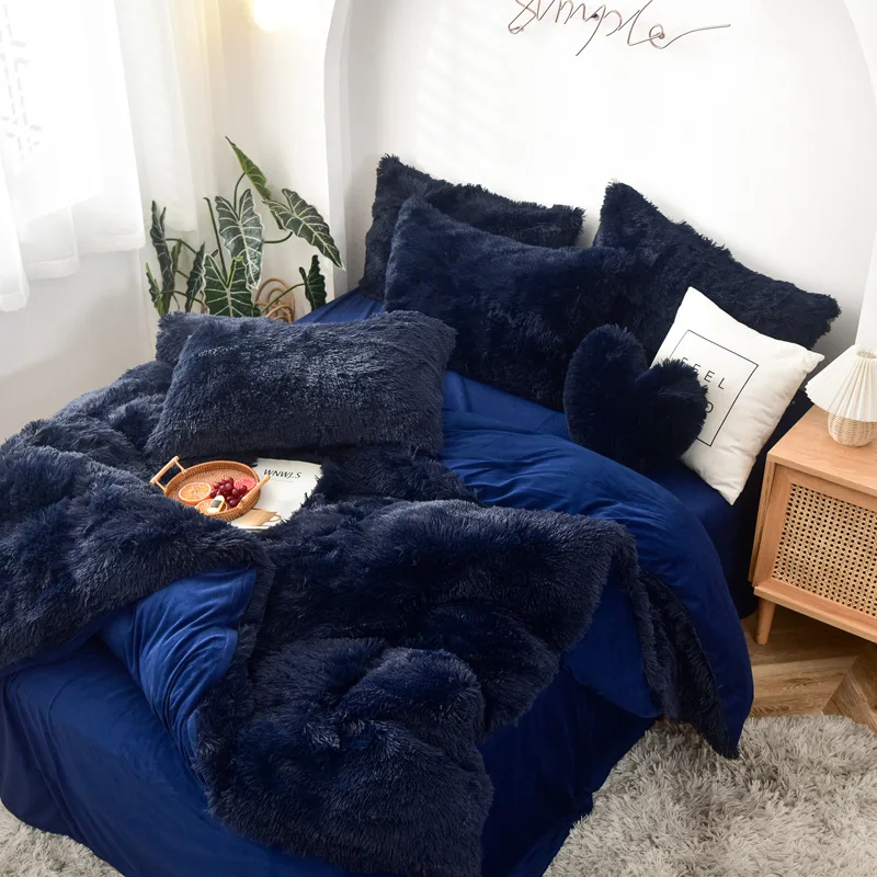 Amazon Hot Sale Bed Sheet Set Faux Fur Velvet Fluffy Bed Fluffy Duvet Cover Bedding Set for Winter