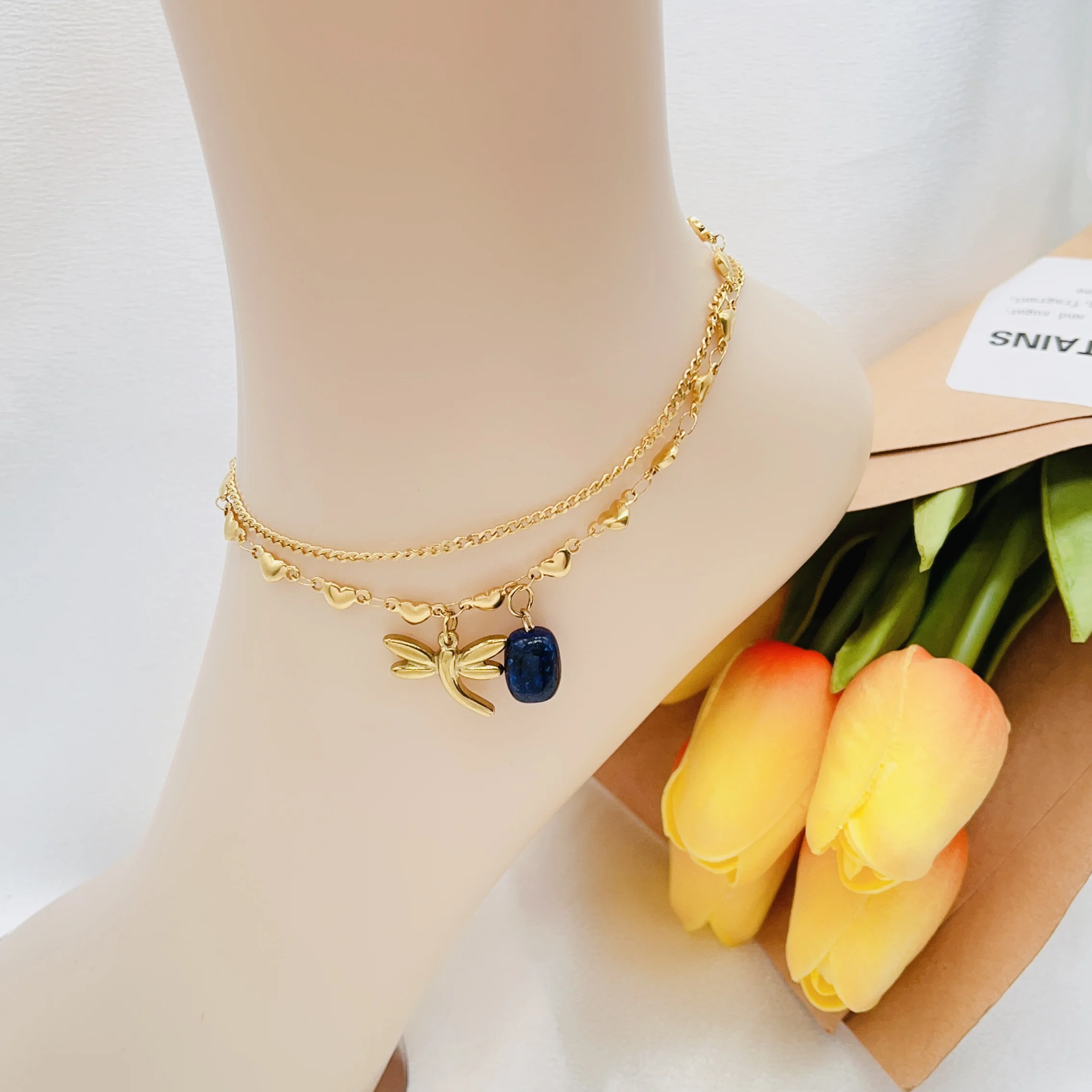 HC Factory Wholesale Stainless steel Women Double Layer Bee Anklet Crystal Anklet Beach Ankle Brand Nail Foot Chain Jewelry