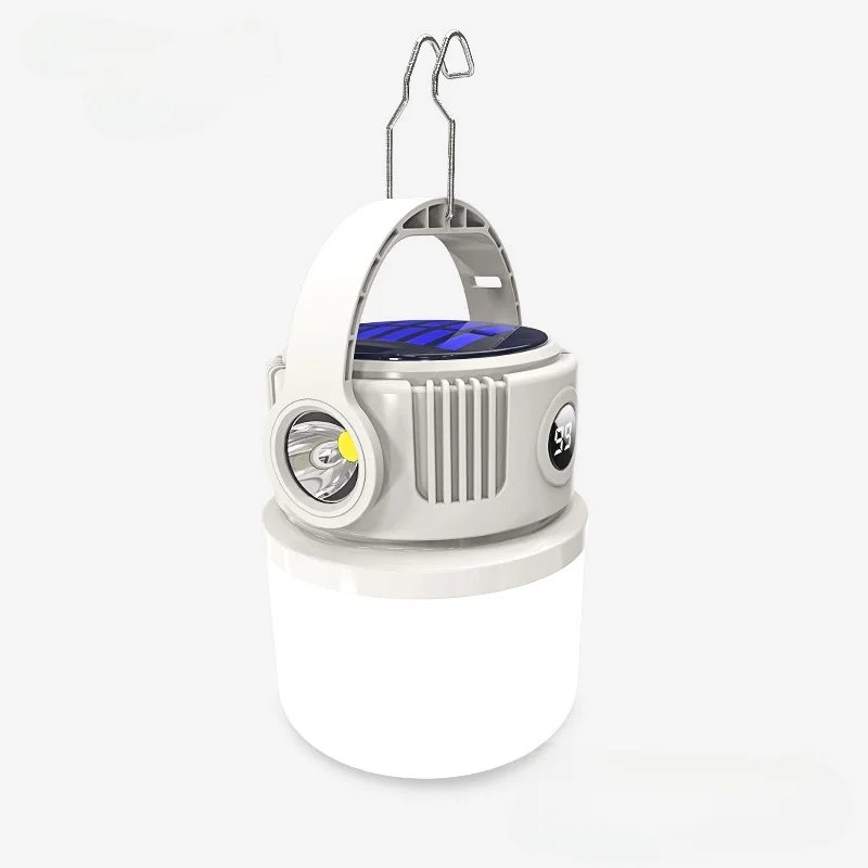 Solar camping lamp, rechargeable hanging lamp, portable for wild camping outdoors, hand-cranked illumination lamp.