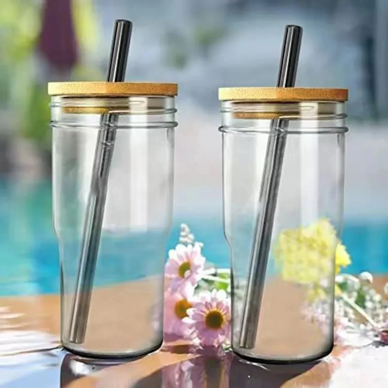 2023 new Reusable Glass Bubble Tea Cup Smoothie Tumbler Milkshake Wide Mouth Mason Jar Drinking Glasses with Bamboo Lids Straws