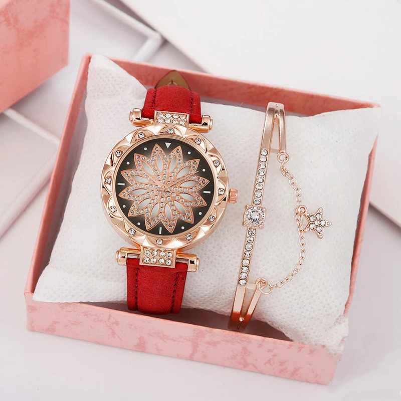 Hot Sale Women Ladies Fashion Star Leather Strap Quartz Wrist Bracelet Watches Gift Set