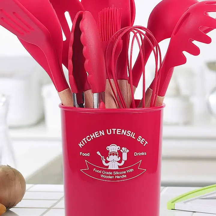 12 Pieces In 1 Set Silicone Kitchen Accessories Cooking Tools Kitchenware Set Silicone Kitchen Utensils with Wooden Handles