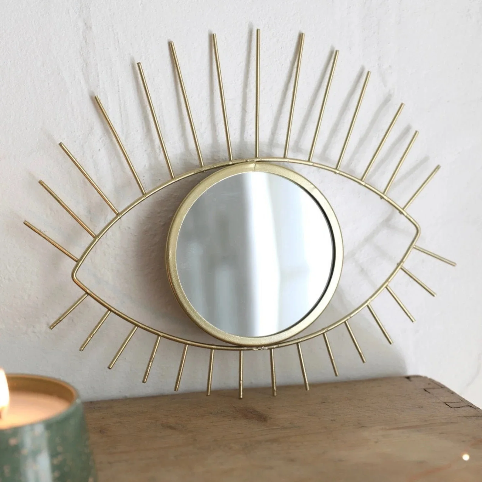 New Collection Nordic Gold Metal Wire Eye Shaped Mirror with Stand for Bathroom Home Decor for Sale from Indias