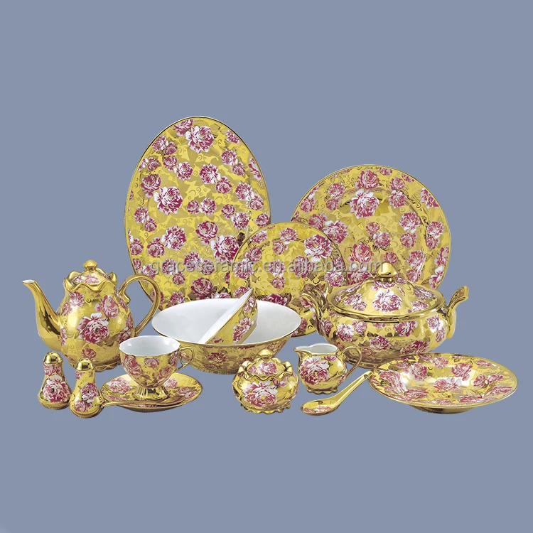 Elegance 47pcs 75pcs 84pcs Ceramic Fine Porcelain Eco Friendly Rose Gold Dinnerware Set Pakistani Dinner Set