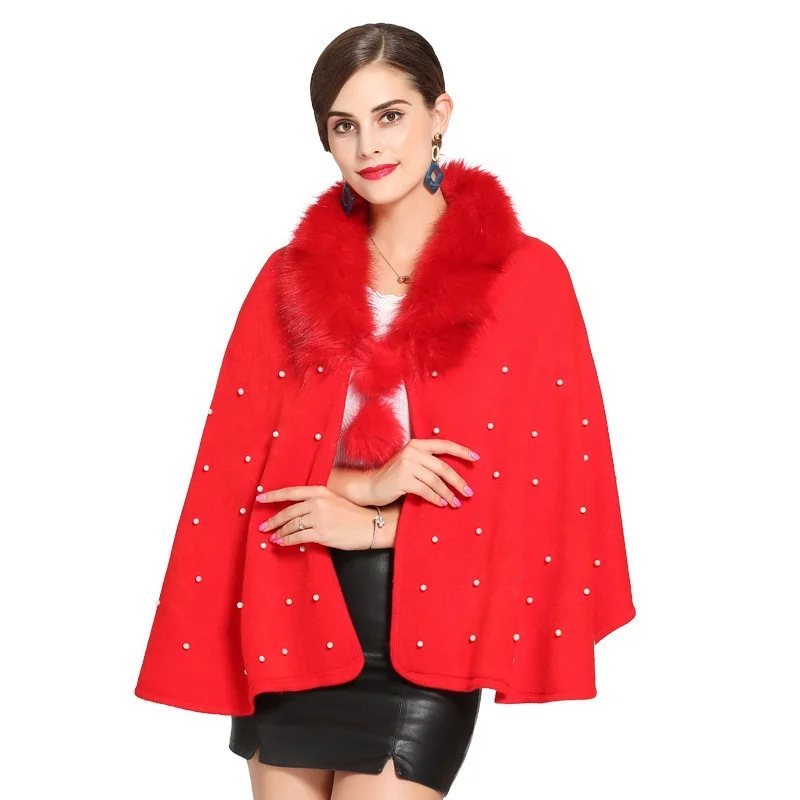 Winter Cape Women Cloak Loose 2021 New Shawl Imitation Fox Fur Collar Cashmere Poncho Mujer Black Cloak with Pearls