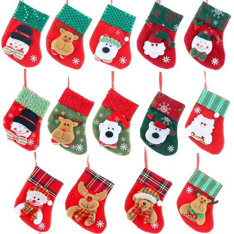 Newest pattern printing bird deer snowman christmas gift bag stock custom decoration christmas stocking in bulk