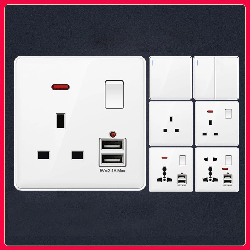 Hot selling White 13A uk standard wall switch socket universal USB Type C electrical socket light switch 1gang 2way 3 way