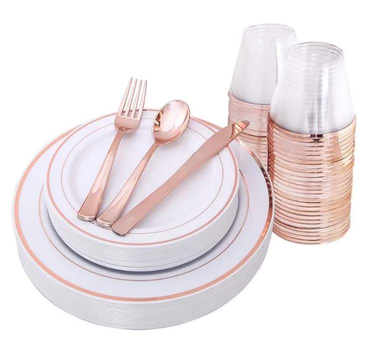 
Rose gold disposable plastic dinner plate sets with cultrey 