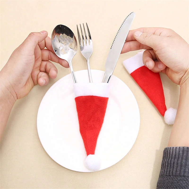 2024 Christmas Tableware Holder Bag and Hat Home Decor Accessories for Kitchen Christmas Figurine & Toys