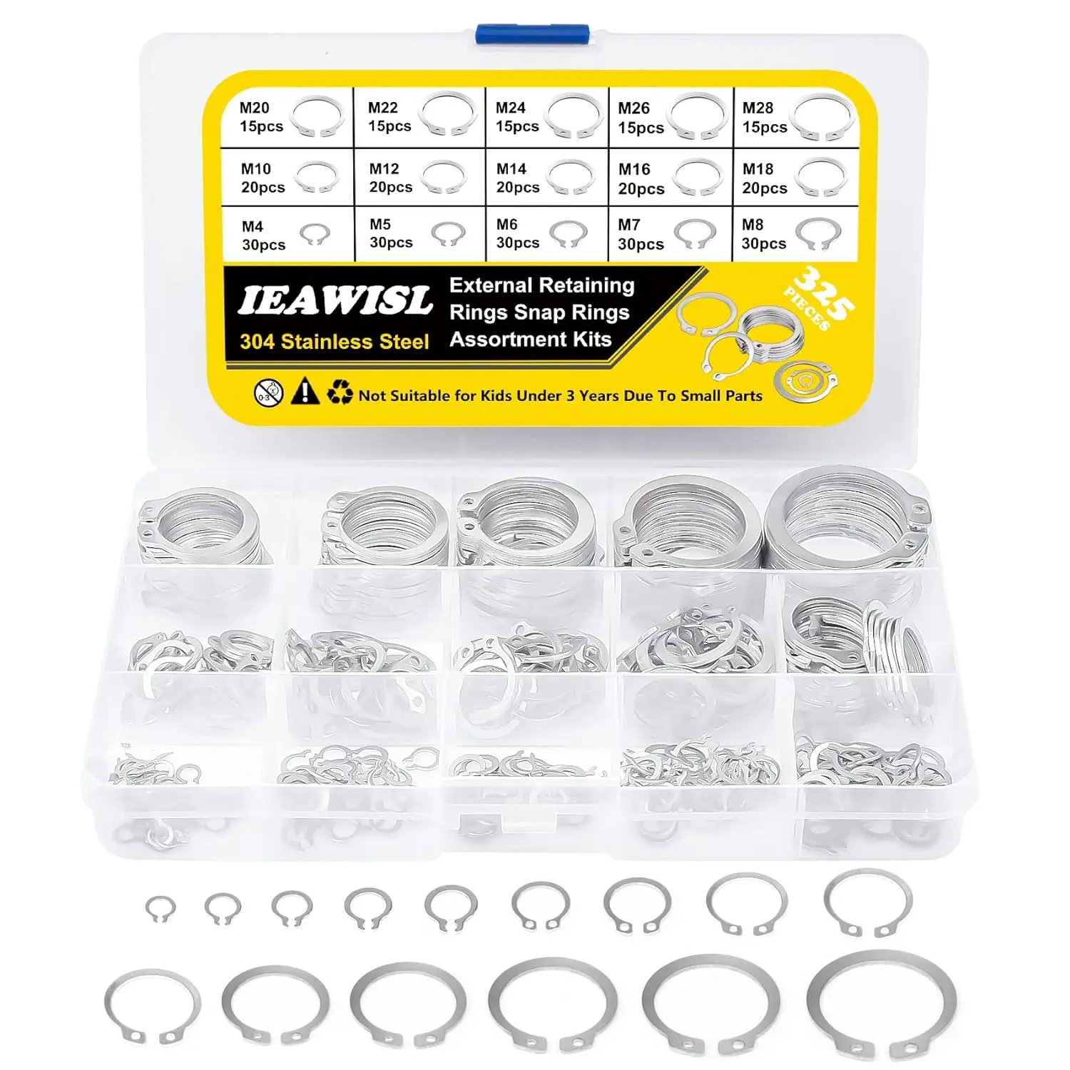 Cisivis Hot Sale 325 PCS Opening Ring Circlips Stainless Steel External Retaining Rings Set for Axles