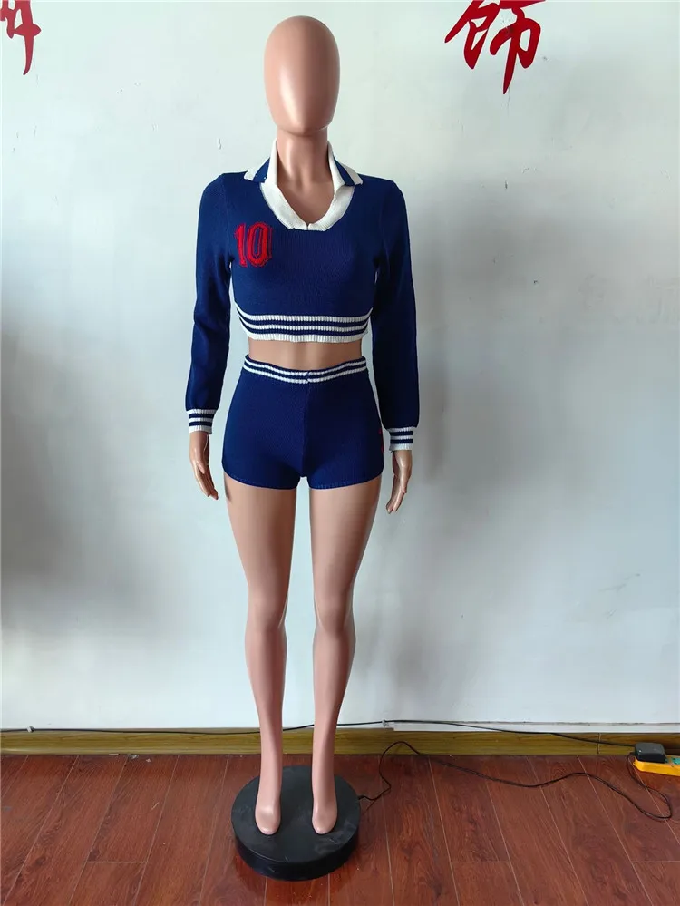 Autumn Knit 2 Piece Sets Outfit Preppy Style Lapel Stripe Patchwork Sweater and Shorts Set