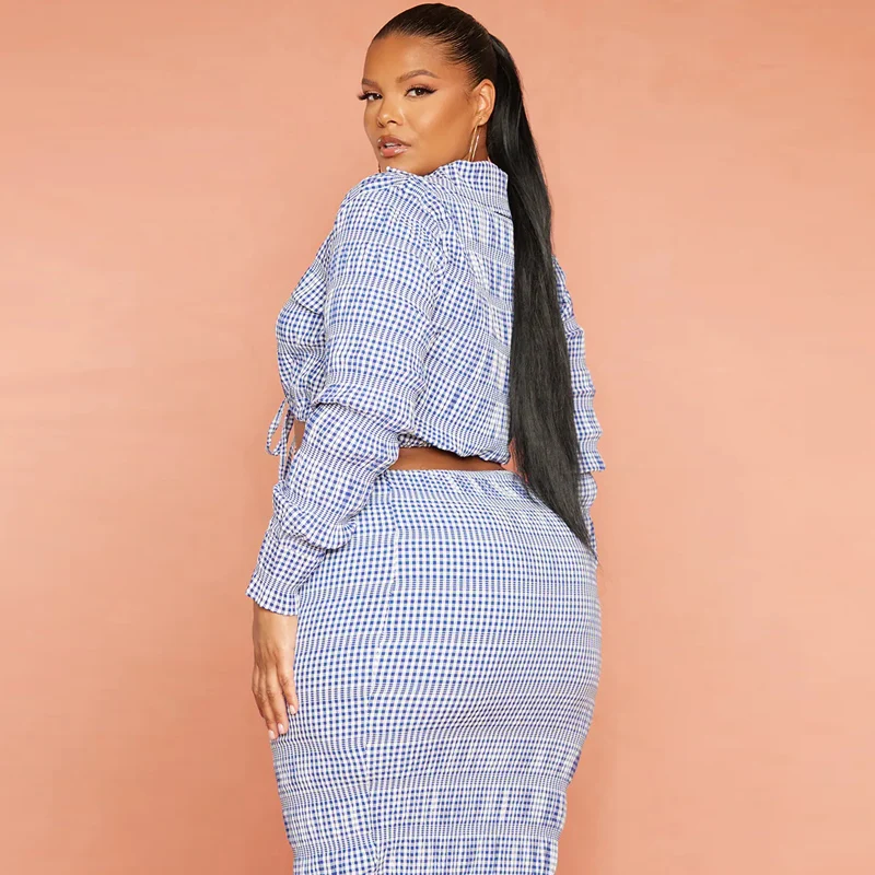 Fashion elegant women casual long sleeve drawstring crop blouse gingham slim midi skirt plus size two piece set
