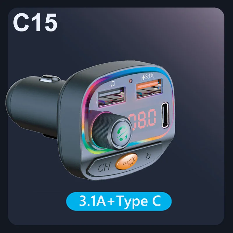 Colorful Light Hands Free Car Kit Music Receiver 3.1A Type C Usb Charger PD FM Transmitter Mp3 Player