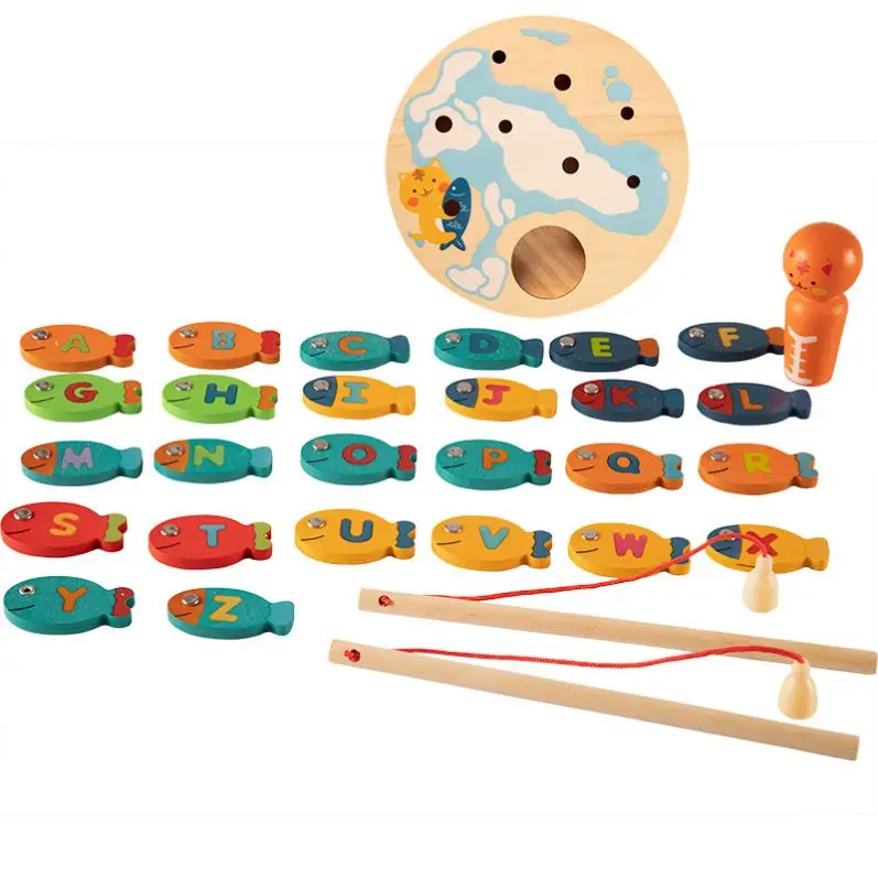 New trending Wooden Alphabet Magnetic Fishing Toy for kids Wholesale Children magnetic toy pretend play toys wooden fishing game