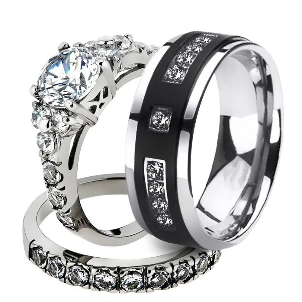 Charm Couple Rings Romantic Black Rhinestones Female Rings Set Mens Two Rows Black CZ Stone Stainless Steel Ring Wedding Jewelry